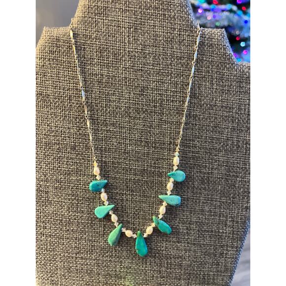 JW1 COLDWATER CREEK PEARL AND TURQUOISE NECKLACE AND EARRINGS MSRP $40 - Picture 1 of 3